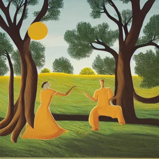 Image similar to Print, the warm, golden light of the sun casts a beautiful glow on the scene, and the gentle breeze ruffles the leaves of the trees. The figures in the print are engaged in a simple activity, the way they are positioned and the expressions on their faces suggest a deep connection. Peace and contentment, idyllic setting. by Debbie Criswell sinister