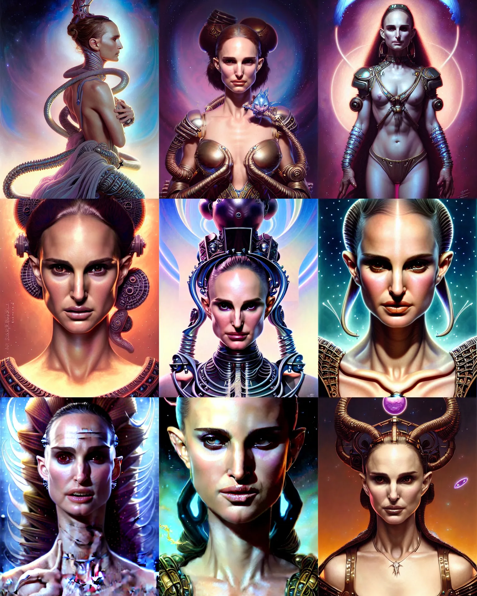 Prompt: beautiful gemini fantasy character portrait, natalie portman, ultra realistic, wide angle, intricate details, the fifth element artifacts, highly detailed by peter mohrbacher, hajime sorayama, wayne barlowe, boris vallejo, aaron horkey, gaston bussiere, craig mullins