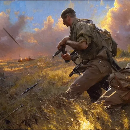 Prompt: detailed cinematic wide shot of world war 2 battle, ultra realistic, spring light, painting by gaston bussiere, craig mullins, j. c. leyendecker