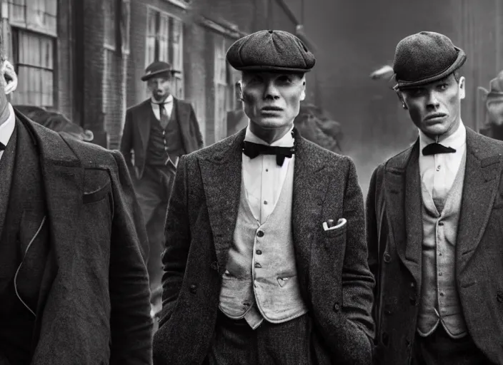 Image similar to an action scene from peaky blinders, medium long shot, 3 / 4 shot, full body picture of cillian murphy and tom hardy, sharp eyes, serious expressions, detailed and symmetric faces, black and white, epic photo by talented photographer ansel adams,