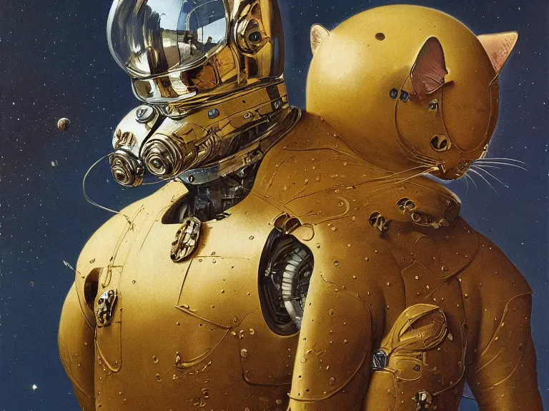 Image similar to a detailed profile painting of a cat in a spacesuit, chrome symmetrical and science fiction theme by beksinski carl spitzweg and tuomas korpi. baroque elements, full-length view. baroque element. intricate artwork by caravaggio. Trending on artstation. 8k