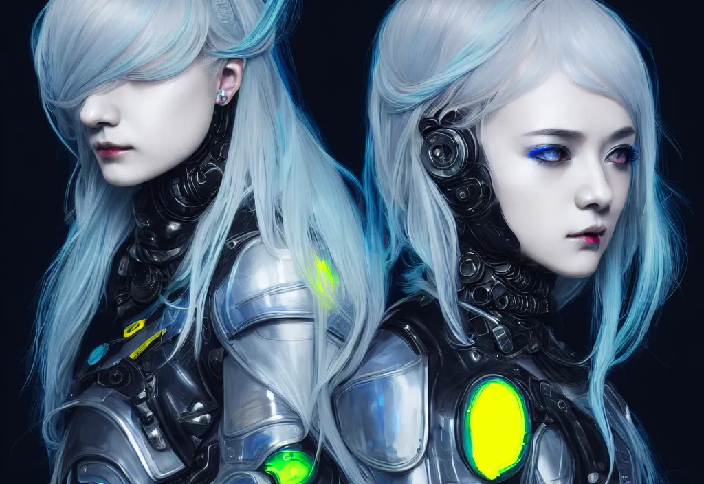 Image similar to portrait grey blue hair of futuristic ploice girl, matt black plus little yellow color armor in future shibuya 1 0 9 japan, ssci - fi and neon light fantasy, intricate and beautiful and elegant, highly detailed, digital painting, artstation, concept art, smooth and sharp focus, illustration, art by tian zi and wlop and alphonse mucha