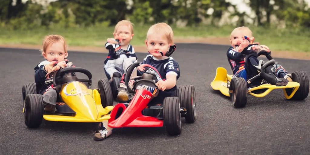 Prompt: photos of toddlers dressed as formula one drivers at a go - kart race, in the style of national geographic, soft focus, golden hour