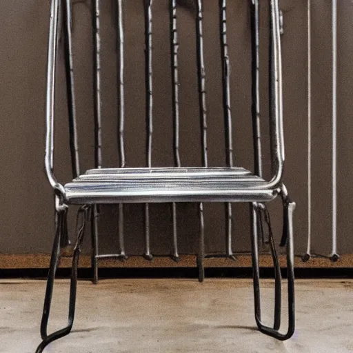 Prompt: a steel chair with spiked on its seat