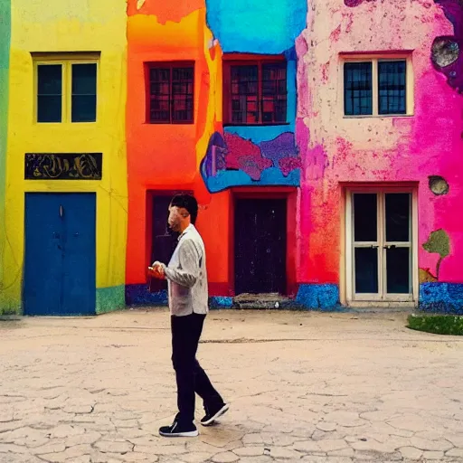 Prompt: A man walks to a portal to a new world, vibrant, colrful, vibrant colors, artsy