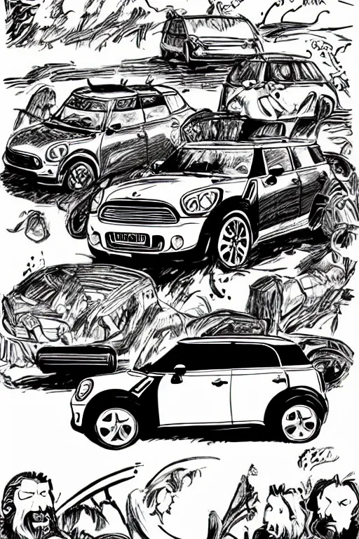 Prompt: “Poster of Mini Cooper Countryman Hybrid in the middle of viking battle. Retro cartoon caricature.”