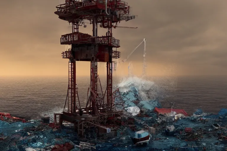 Prompt: a tall, mutated oilrig tower, littered with debris from containerships in a roaring ocean at the first light of dawn. Octane render. Kitbashing. HD. Ultra detailed.