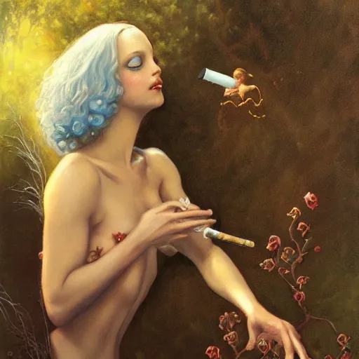 Prompt: fairy finds a cigarette, by gerald brom