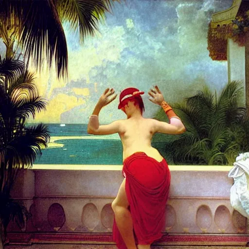 Image similar to Girl throwing gand signs at the palace, thunderstorm, pool, beach and palm trees on the background major arcana sky, by paul delaroche, alphonse mucha and arnold böcklin arnold böcklin hyperrealistic 8k, very detailed