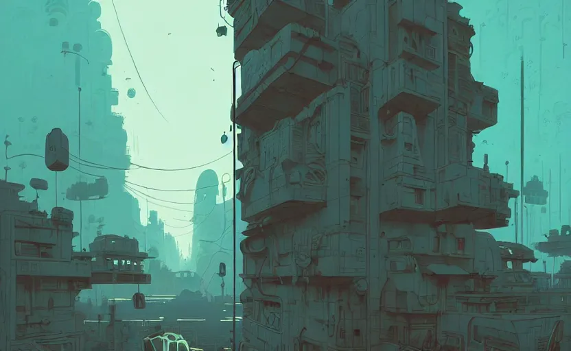 Prompt: lost city by atey ghailan, by james gilleard, by simon stalenhag, by joe fenton, by kaethe butcher, dynamic lighting, gradient light blue, brown, blonde cream and white color scheme, grunge aesthetic