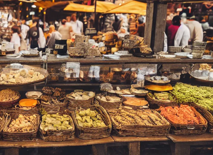 Prompt: eyelevel view of a medieval german marketplace, selling various food, cloth, and utensil items, trending on unsplash, 4 k photorealism, intricate