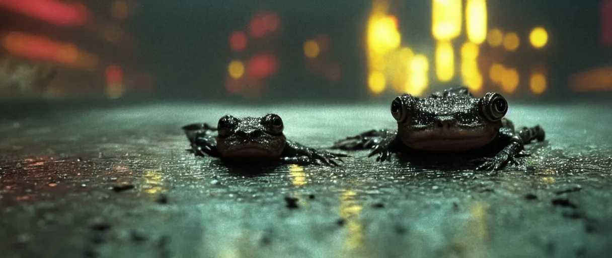 Prompt: Close up of a lone happy Lepidobatrachus laevis sitting on the floor and facing the camera in a still from the movie Blade Runner (1982), high quality, rain, rain drops, cold neon lighting, 4k, night, award winning photo, beautiful, cute