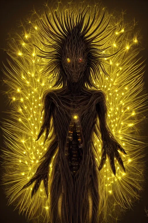 Image similar to corn dandelion humanoid figure monster, symmetrical, highly detailed, digital art, sharp focus, trending on art station, amber eyes, elemental glowing