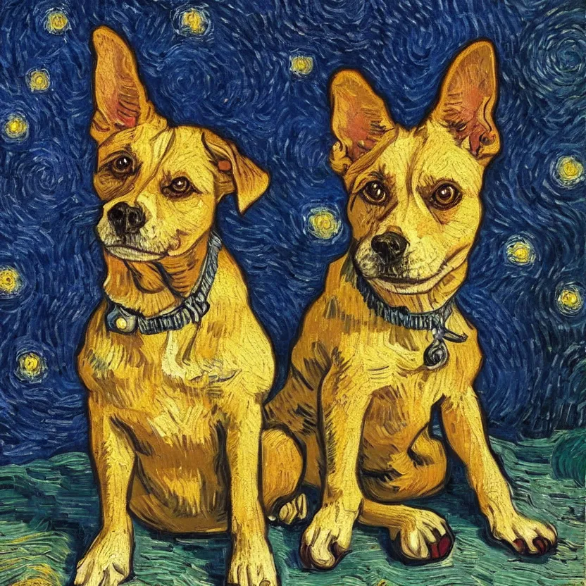 Prompt: studio portrait of a dog in the style of Starry Night; oil painting by Vincent van Gogh