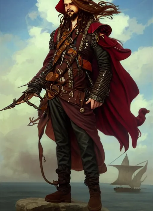 Image similar to full body shot of male airship pirate, D&D, handsome, fantasy, intricate, long hair, airship, steampunk, red hair, elegant, highly detailed, digital painting, artstation, concept art, smooth, sharp focus, illustration, art by artgerm and greg rutkowski and alphonse mucha