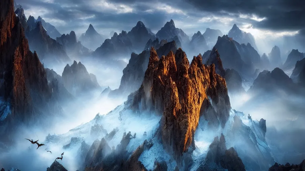 Image similar to amazing landscape photo of dragons by marc adamus, beautiful dramatic lighting