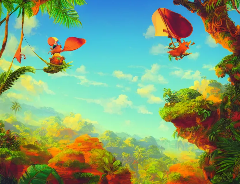 Image similar to adventurer mouse riding a bird above tropical landscape. complementary colors, vaporwave, gouache, indie concept art, bloom, chiaroscuro, backlighting, intricate details.