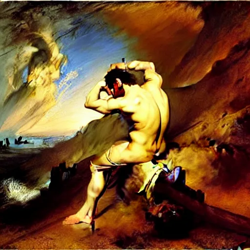 Image similar to oil painting by william turner, by theodore gericault, by caspar david friedrich, by frank frazetta oil painting, romantism, realism, limited palette