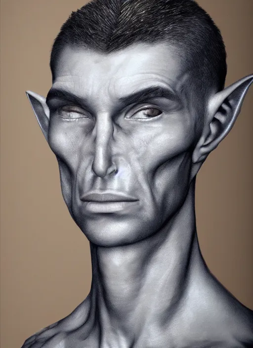 Image similar to a hyper realistic portrait of a handsome male alien