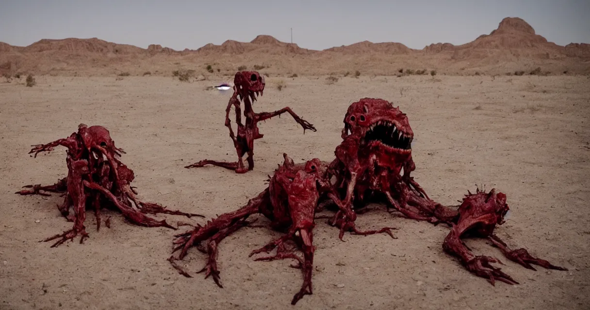 Image similar to in the desert a bloody gross horrifying The Thing creature made of muscle and bone and blood stares at the camera, eating, mid day, 35mm photography, realistic,