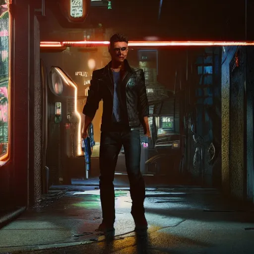 Image similar to a detailed full body painting of an extremely handsome jensen ackles as the terminator walking down a dark alley in cyberpunk 2 0 7 7, holding two sawed off shotguns, volumetric lighting, octane render, 8 k, art by greg rutkowski and albert bierstadt and alphones mucha