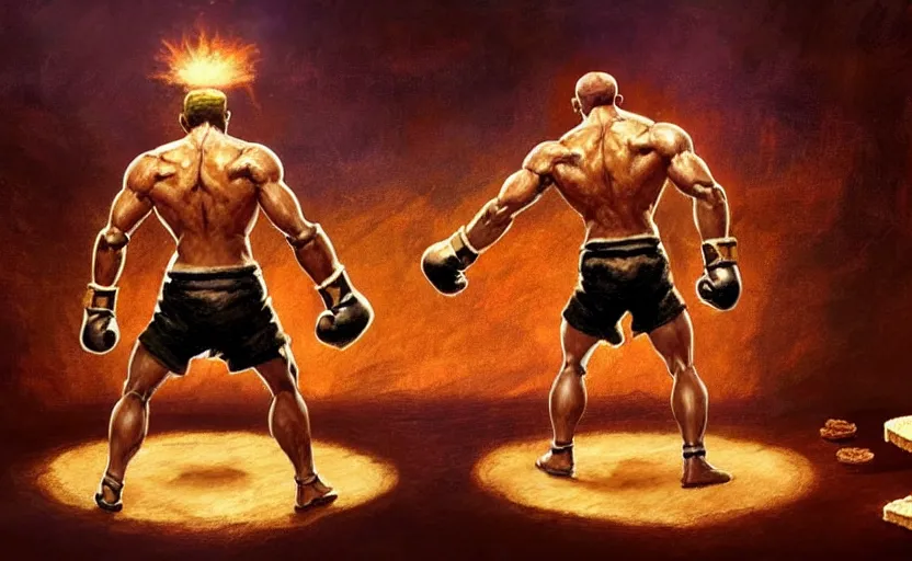 Image similar to a boxer made completely out of toast and bread ; magic : the gathering fantasy character concept art by frank frazetta and marco bucci, high resolution. boxing ring in the background, dramatic stadium lighting, fantasy coloring, intricate, digital painting, artstation, smooth, sharp focus