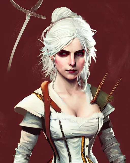 Image similar to Ciri from Witcher 3 by Viorie and Toni Infante and Timothy Kong, wearing haute couture by schiaparelli, sharp focus, sun rays, intricate, elegant, highly detailed, digital painting, masterpiece.