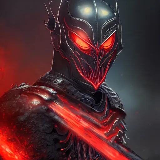 Prompt: extremely detailed depiction of an armored dark assassin warrior in a dark evil forest, glowing crimson head, crimson fire head, Sauron, Ultron, speedster, fantasy art, fog, heavy armor, knights armor, cinematic pose, 8k, villain, maximalist, clear form, photorealistic