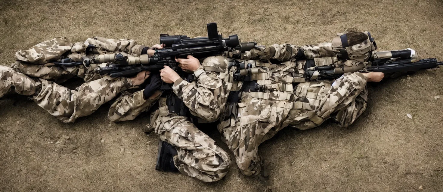 Image similar to future soldier laying down with sniper rifle ready to shoot enemy