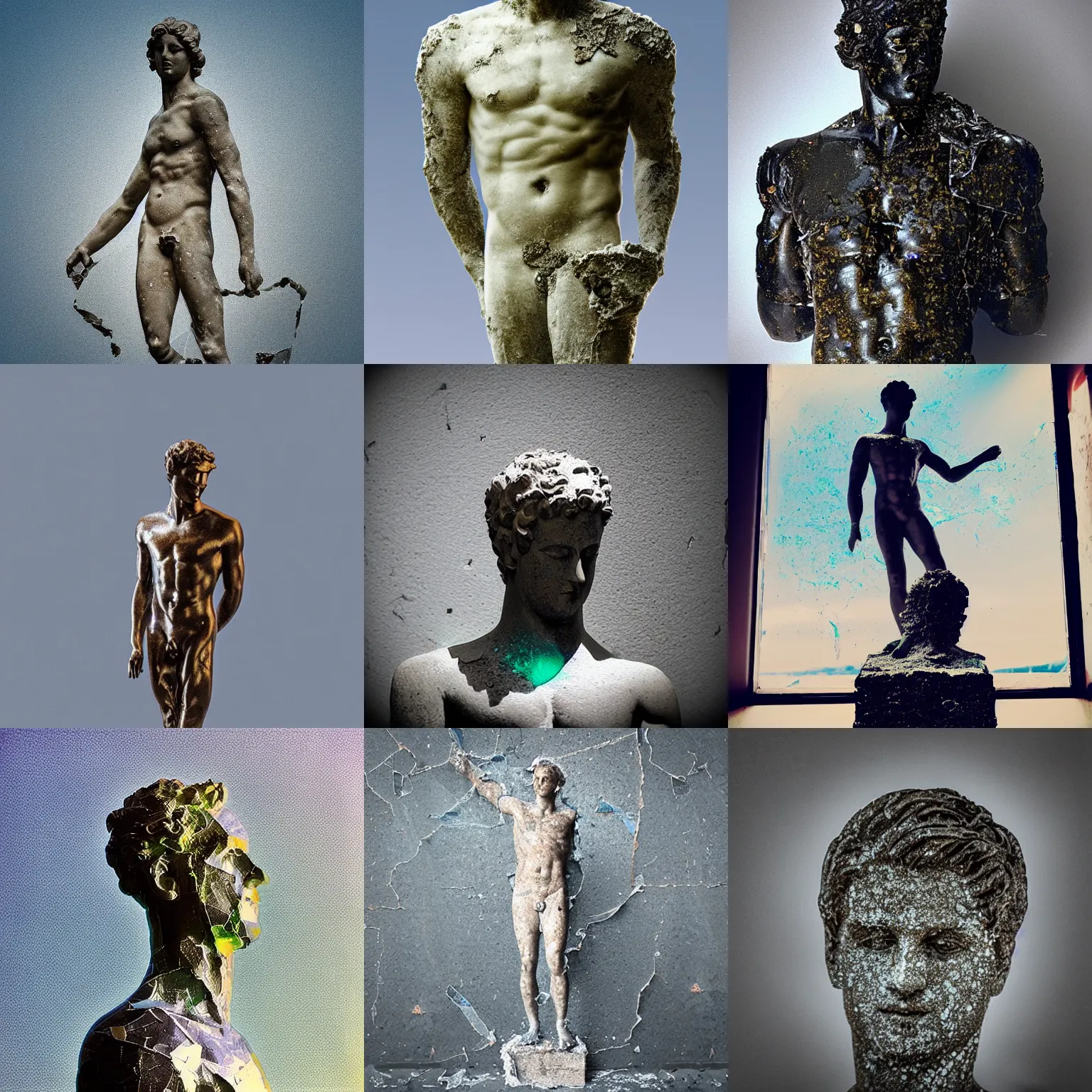 Prompt: “Plastic Apollo statue with shattered glass glued upon it, detailed but rough, 4k photo, great light and shadows”