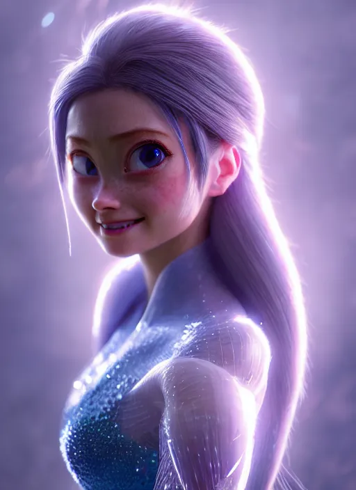 Image similar to Alita as Elsa, au naturel, hyper detailed, digital art, trending in artstation, cinematic lighting, studio quality, smooth render, unreal engine 5 rendered, octane rendered, art style by klimt and nixeu and ian sprigger and wlop and krenz cushart