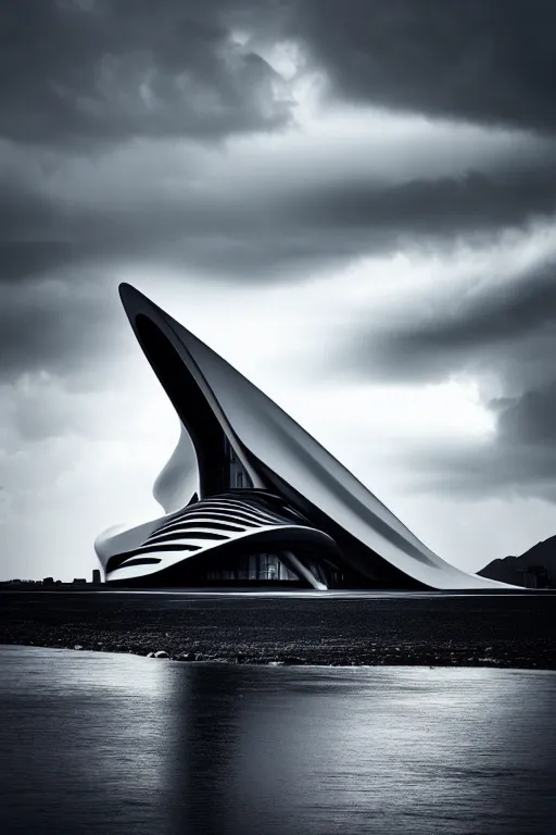 Image similar to a zaha hadid building in a stunning landscape by ansel adams, stormy weather, extreme detail photo quality, dark moody colors, featured on behance
