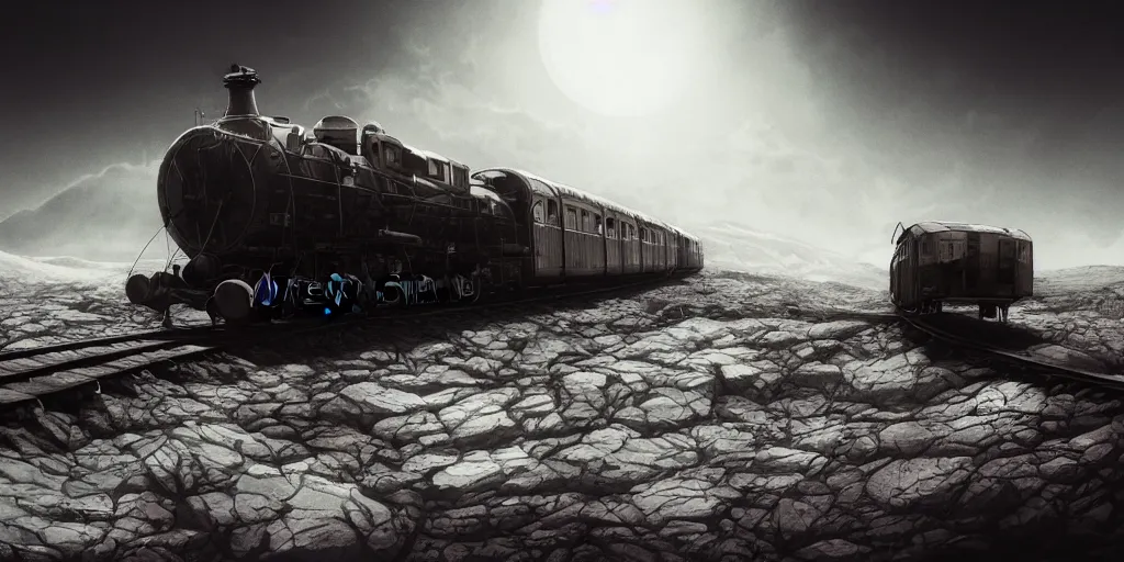 Image similar to ! dream ultra realistic illustration, an outdoor on the moon with an old broken train, lunar landscape, elegant, highly detailed, artstation, concept art, smooth, sharp focus, moody, dramatic lighting