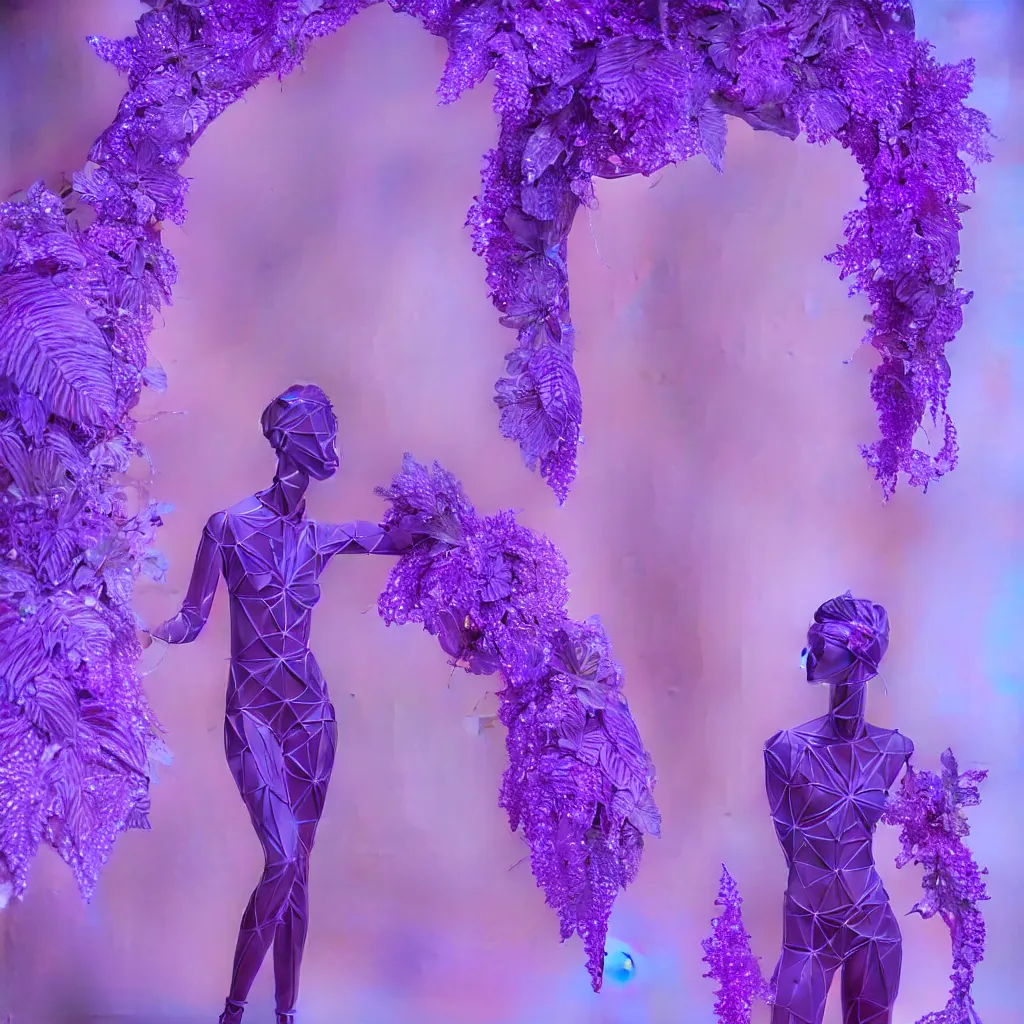 Image similar to beautiful mannequin sculpted out of amethyst by billelis + lit with 3 d geometric neon + facing a doorway opening with neon pink geometric fractal light + flowering hosta plants!!!, moon in background!, rule of thirds, clean linework, dramatic, award winning, 4 k, trending on artstation, photorealistic, volumetric lighting, octane render