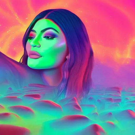 Image similar to KYLIE JENNER with pistol swimming in chromatic SPIRITS in misty mysterious astral temple, beautiful, dmt, trending on artstation, omnious, soft, REALISTIC