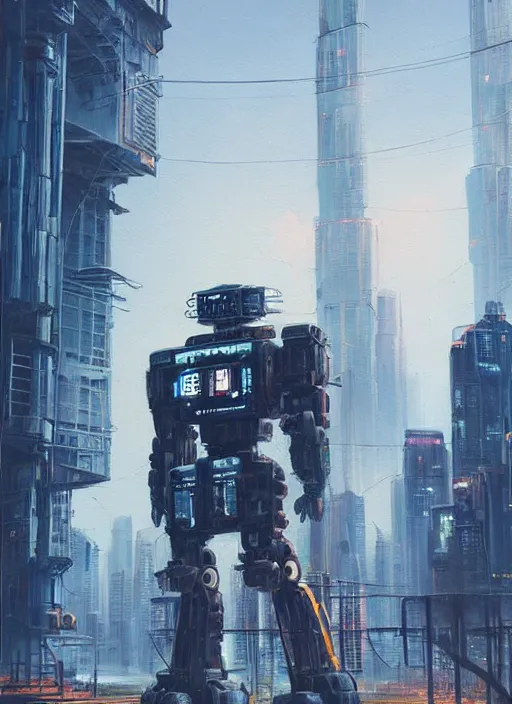 Image similar to a painting of a giant robot standing in front of a city, cyberpunk art by mike winkelmann, behance contest winner, nuclear art, dystopian art, apocalypse art, sci - fi