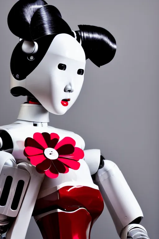 Image similar to full length portrait of a Japanese robot geisha, fashion studio lighting, 35mm, close-up