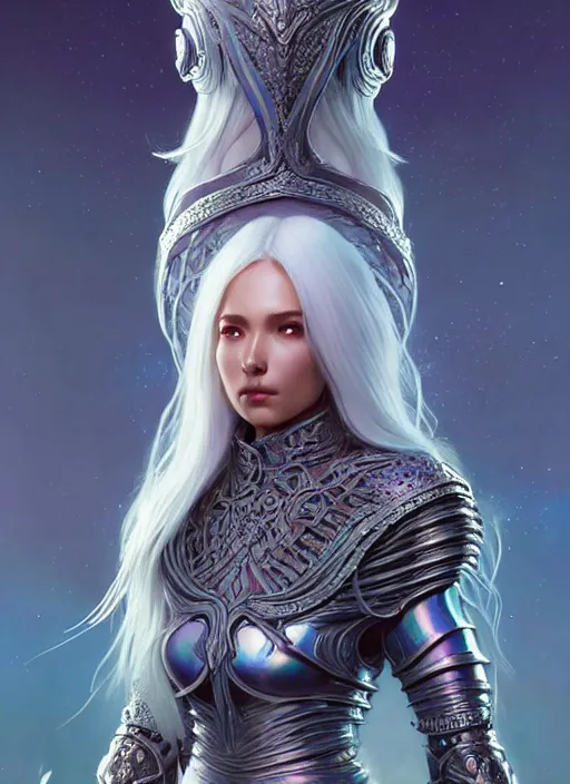 Image similar to iridescent armor!!! long wild white hair!! covered chest!!! fantasy, d & d, intricate ornate details, digital painting, pretty face!!, symmetry, concept art, sharp focus, illustration, art by artgerm! greg rutkowski magali villeneuve wlop! ilya kuvshinov!!, octane render