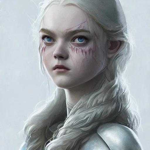 Image similar to front centered symmetrical portrait, Elle Fanning as a D&D paladin, dramatic lighting, cinematic, establishing shot, high detail, photo realistic, cinematic lighting, post processed, 8k, concept art, artstation, matte painting, in the style of eddie mendoza, raphael lacoste, alex ross