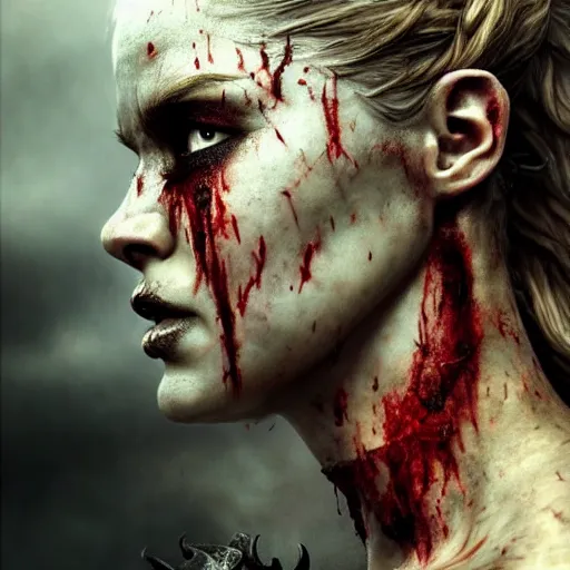 Prompt: Ultrawide realistic photo of a bloody fierce viking woman, leading a battle, battle-scarred mind-blowing details, highly detailed face, ethereal, ominous, scarred, highly detailed, viking attire, cinematic, 16k, 1080s, smooth, sharp focus, by Greg Rutkowski, trending on DeviantArt, trending on ArtStation, full of color, digital art, Vibrant colors, Smooth gradients, High contrast, depth of field, shot on Canon Camera