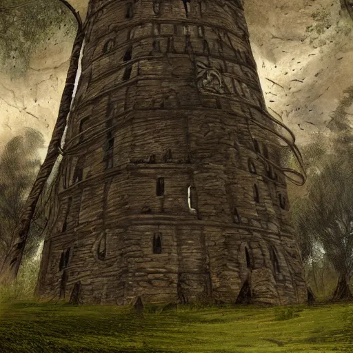 Prompt: an archaic tower looming over a grove of ancient trees, realistic digital painting, medieval fantasy, very detailed