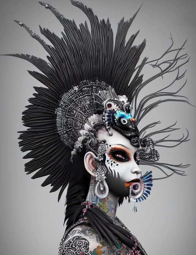 Image similar to 3 d goddess close - up profile portrait punk with mohawk with ram skull. beautiful intricately detailed japanese crow kitsune mask and clasical japanese kimono. betta fish, jellyfish phoenix, bio luminescent, plasma, ice, water, wind, creature, artwork by tooth wu and wlop and beeple and greg rutkowski