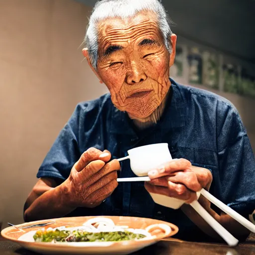 Image similar to an old japanese man eating ramen noodles in a restaurant, photorealistic