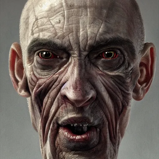 Prompt: closeup portrait of a man with bulging unblinking eyes, shrivelled neck with strange lines, wide mouth with thick lips, flat nose, tiny ears, squamous grayish skin, constant alopecia, creepy, dramatic light, painted by stanley lau, painted by greg rutkowski, painted by stanley artgerm, digital art, trending on artstation