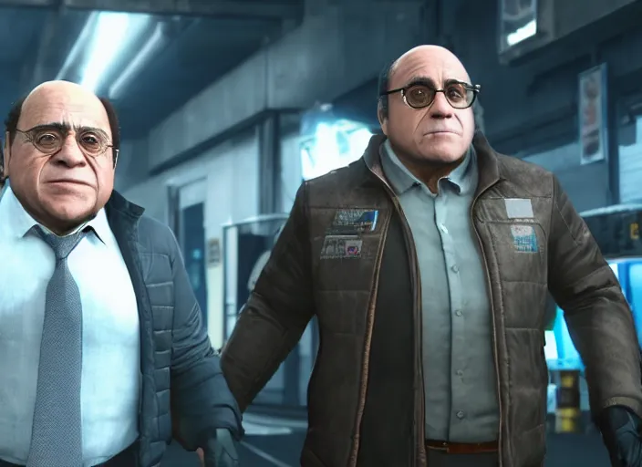 Prompt: video game still of danny devito in the video detroit become human,