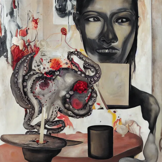 Prompt: a portrait in a female artist's apartment, organic, a woman holding a brain, cracked japanese pottery vase, sensual, smokey burnt envelopes, candles, white flowers, puddle of milk, octopus, squashed berries, pizza box, pancakes, black underwear, neo - expressionism, surrealism, acrylic and spray paint and oilstick on canvas