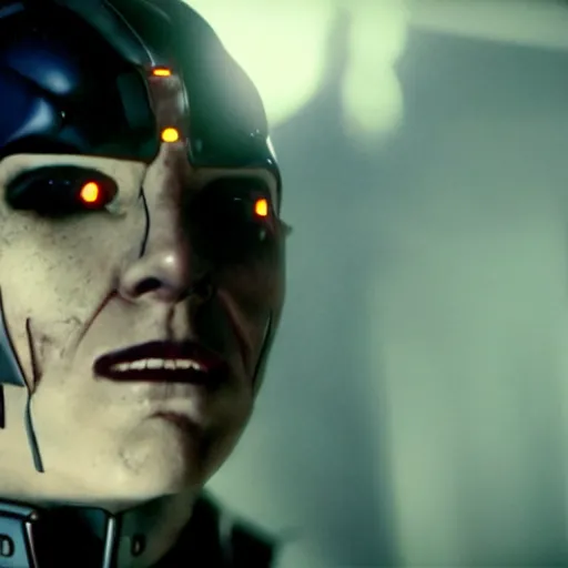 Prompt: movie still of a villain cyborg, facial expression, cinematic composition, cinematic light, by edgar allan poe