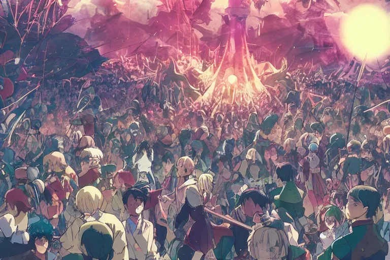 Prompt: cell shaded anime key visual of a fantasy battlefield, crowds of people, magic spells, in the style of studio ghibli, moebius, makoto shinkai, dramatic lighting