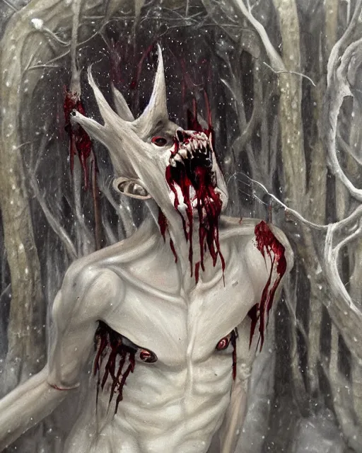 Image similar to Horrifying detailed painting of a pale, emaciated humanoid creature. It has sharp teeth and claws with pale milky eyes; snow, woods, blood; dark cinematic lighting, hyper detailed, moody