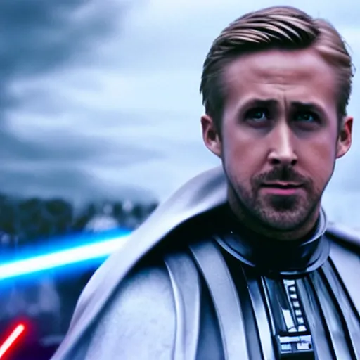 Prompt: Ryan Gosling pierce Darth Vader with a lightsaber , hyper realistic, 4k, 8k, cinematik